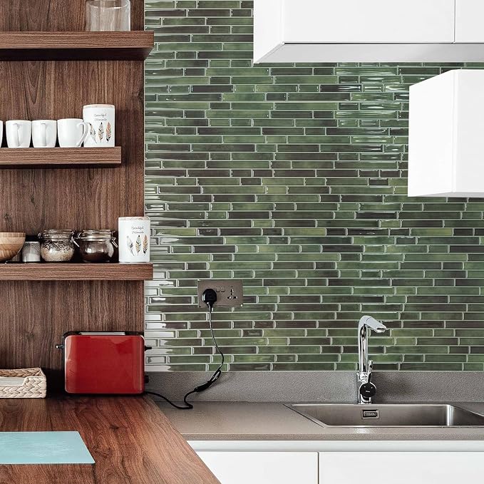 Art3d Peel and Stick Stone Design Wall Tile, 12 x 12 Inch, 10-Sheet, Green | Moisture Resistant, Strong Adhesive, Sturdy, Cleanable, Easy to Install, for Kitchen, Laundry Room, Ideal for New Home Buyers