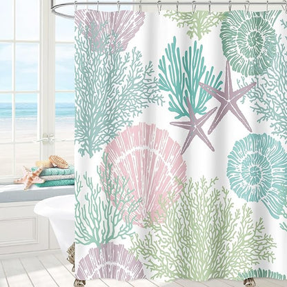 Extra Long Shower Curtain 72 x 84 Inch, Tall Pink Green Nautical Coastal Fabric, Summer Tropical Seashell Starfish Coral Beach Ocean Themed for Bathroom Decor
