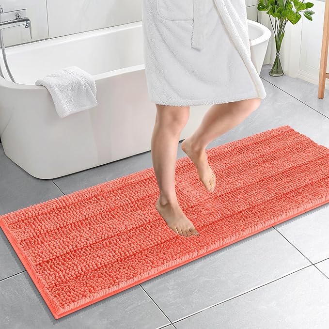 OLANLY Thick Bathroom Runner Rugs 59x20, Chenille Long Bath Rugs, Coral | Soft Absorbent Striped, Rubber Backing, Machine Wash, Bath Mats for Bathroom Floor, Tub and Shower, Home Decor Accessories
