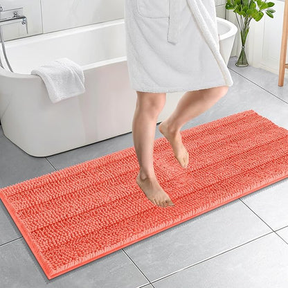 OLANLY Thick Bathroom Runner Rugs 59x20, Chenille Long Bath Rugs, Coral | Soft Absorbent Striped, Rubber Backing, Machine Wash, Bath Mats for Bathroom Floor, Tub and Shower, Home Decor Accessories