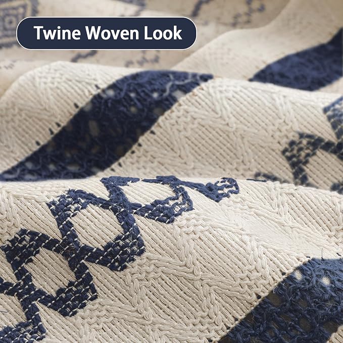Navy Blue Boho Linen Shower Curtain,72" W x 84" L | Linen Striped Print and Twine-Inspired Woven Center for Bathroom