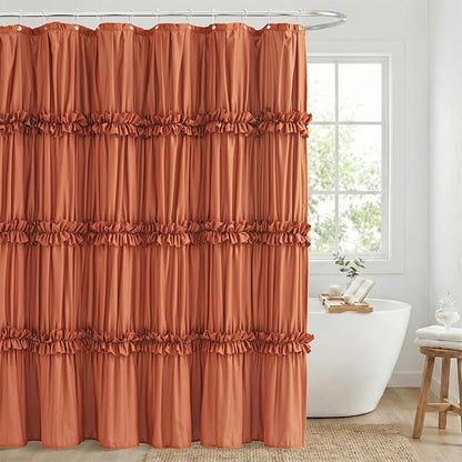 LIPA Boho Rustic Orange Ruffle Shower Curtain 72x72 Inches | Farmhouse Shower Curtains for Bathroom,Water‑Resistant Fabric Shower Curtain,Bohemian Bathroom Decor