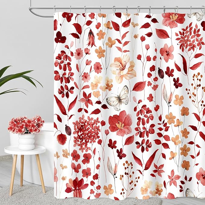 Red Floral Shower Curtain, Cute Flower Fabric Shower Curtains for Bathroom, Watercolor Wildflower Butterfly Cloth Shower Curtain Set with Hooks, 72x72
