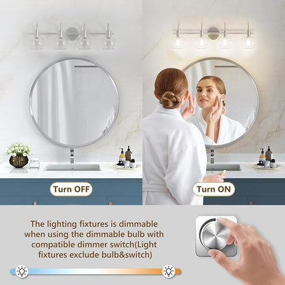 4 Lights Bathroom Vanity Light Fixtures Over Mirror Modern Nickel | 24in Wall Sconce,Brushed Nickel,Globe Glass Shade,E26 Base,UL Certified,Anti-Rust,Damp Rated,Bathroom Bedroom Living Room