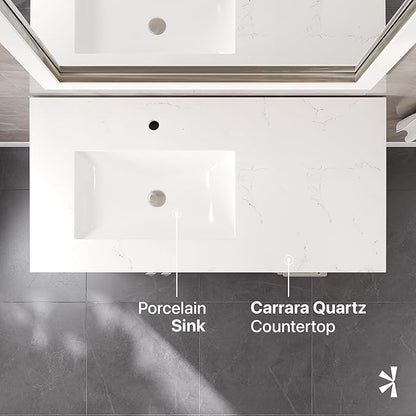 Eviva London 42 in. White Single Sink Bath Vanity with Carrara Quartz Top and Left Porcelain Sink