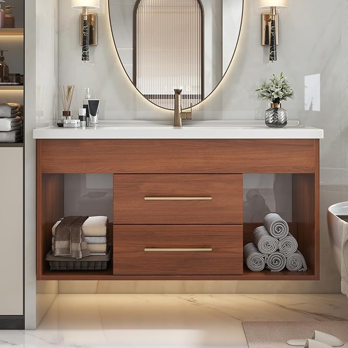 36" Modern Bathroom Vanity Sink Set Wall-Mounted Bathroom Vanities with Ceramic Sink 36 inch Floating Walnut Wood Bathroom Sink Cabinet with 2 Drawers&2 Open Shelves&Gold Metal Handle