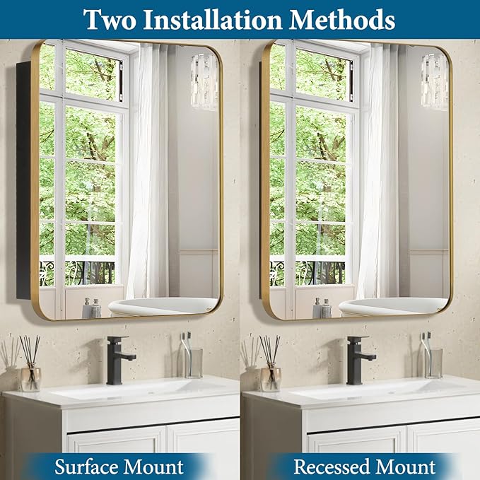 16’’x26’’ Medicine Cabinet,Metal Framed Medicine Cabinet Mirror with Round Corner,Recessed and Surface Mount Bathroom Mirror with Storage, Removeable Shelves,Gold