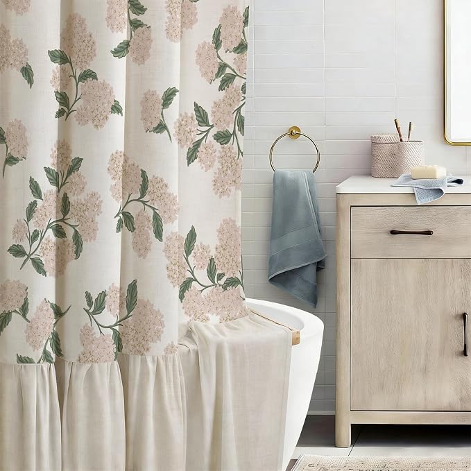 ORTIGIA Linen Textured Ruffle Shower Curtain with Metal Hooks, Vintage Light Pink Hydrangea Floral Boho Waterproof Bath Curtain for Rustic Farmhouse Bathroom Decor 72x72 Inch