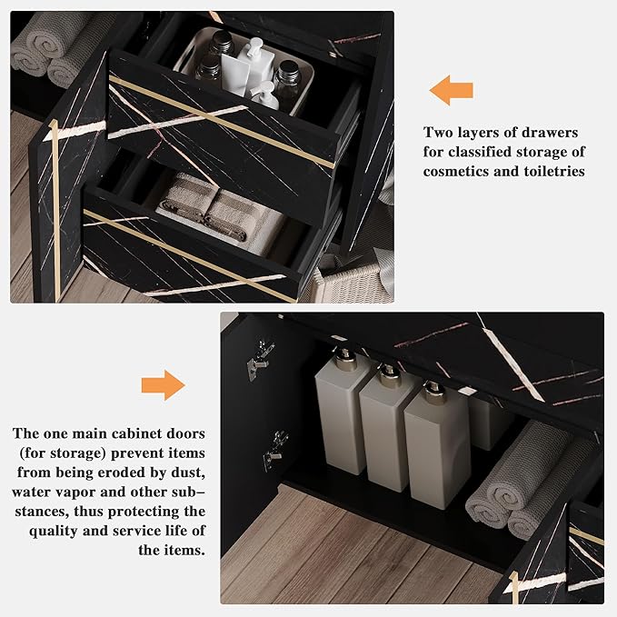 36 inch Modern Floating Bathroom Vanity with Ceramic Sink, Wall Mounted Bathroom Cabinet with Faux Marble Countertop, Soft Closing Doors & 2 Storage Drawers for Small Space, Black
