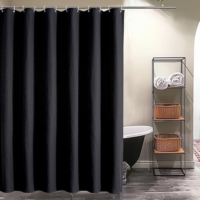 OVZME Black Shower Curtain Set, Waffle Textured Heavy Duty Fabric Shower Curtain for Bathroom, Luxury Hotel Weighted 230GSM Bath Curtain with 12 Plastic Hooks, Machine Washable, 72x72