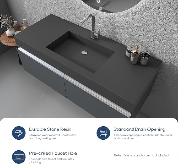 SJ Star&Jane 48" x 19" Solid Surface Bathroom Sink, Wall-Mount or Countertop Vessel Sink, Rectangle Floating Vanity Sink in Gray, Durable Modern Design