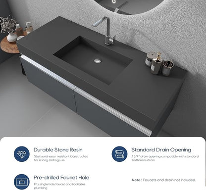 SJ Star&Jane 48" x 19" Solid Surface Bathroom Sink, Wall-Mount or Countertop Vessel Sink, Rectangle Floating Vanity Sink in Gray, Durable Modern Design