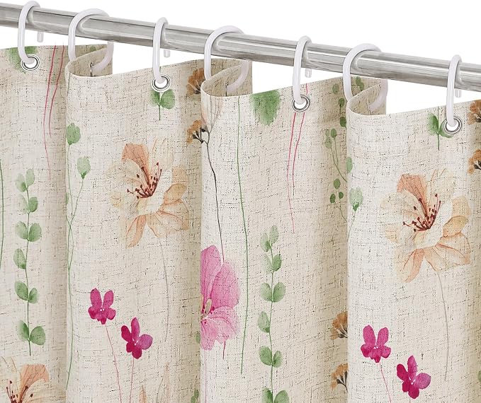 Pink Green Linen Watercolor Floral Fabric Shower Curtain, 72x72 | Linen Fabric, Modern Minimalist Floral Print, Machine Washable, Rustproof Grommets, for Bathroom Home