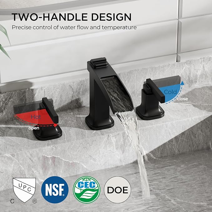 FORIOUS Brass Matte Black Commercial Bathroom Faucets 3 Hole, Waterfall Modern Widespread 8 Inch Bathroom Sink Faucet with Metal Pop-up Drain and Pre-Assembled Hose for Vanity, Restroom,Bathtub