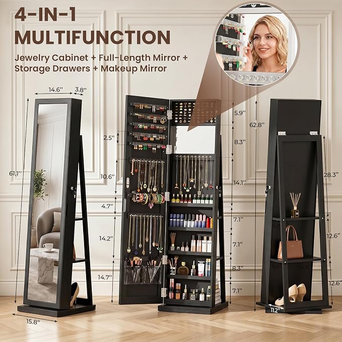 4-In-1 Jewelry Cabinet Jewelry Armoire Lockable Standing, Black | Jewelry Organizer with Storage, Full-Length Mirror, 3 Storage Shelves, Makeup Mirror, 360 ° Swivel Jewelry Armoire for Women