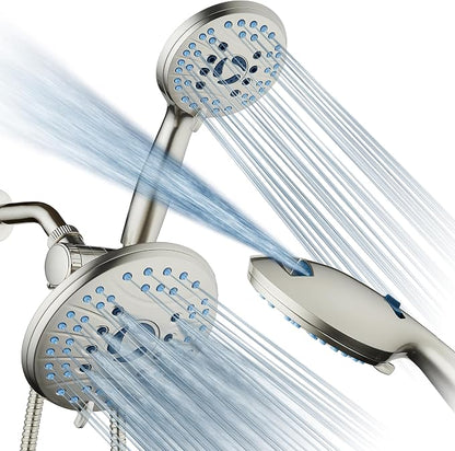 AquaCare 50-mode High Pressure 7 inch Shower Head Combo w/Dual Power Wash | Hygienic Jets, 2-mode Handheld Power Wash for Tub, Tile & Pets, Long 6 ft. Stainless Steel Hose, Extra Wall Bracket / Nickel
