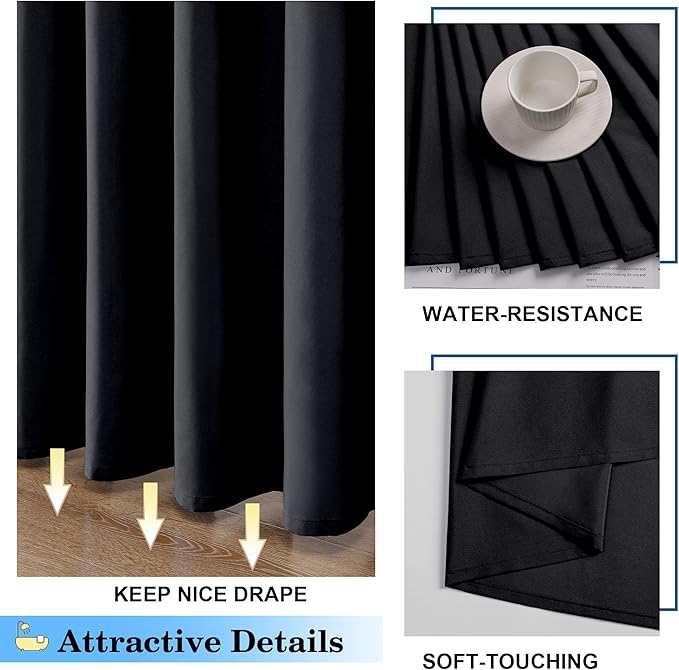 Zora 84 Inch Shower Curtain Set with 12 Plastic Hooks, Plain Fabric Black Shower Curtain for Bathroom - Extra Long Shower Curtain, Water Resistance, Machine Washable Soft Cloth, 72WX84L, Black