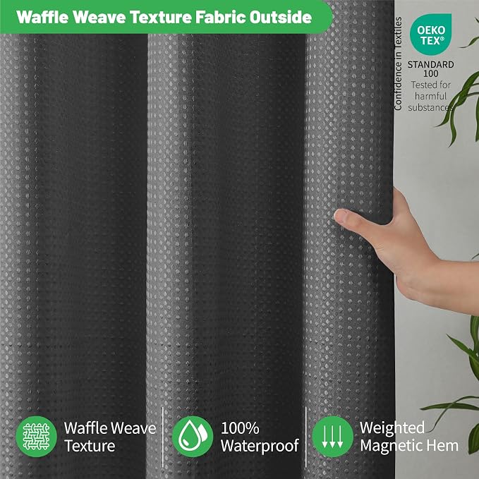 No Hook Waffle Shower Curtain, No Liner Needed, 71x74 Inch, Charcoal Grey | 100% waterproof TPU-laminated backing, magnetic weighted hem, machine washable, shower curtain set for bathroom or hotel use