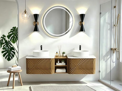 60" Floating Bathroom Vanity with Double Sink, Mid-Century Wall Mounted Bathroom Vanity Cabinet with Wood Waved Decor, Ceramic Vessel Basin, Sintered Stone Top, Soft Close Drawer, Side Open Cube