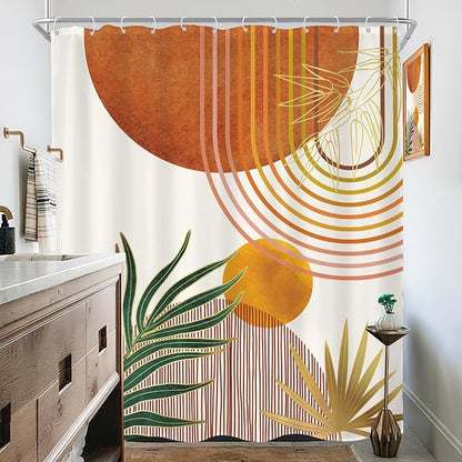 Mid Century Orange Boho Abstract Retro Gold Bathroom Shower Curtain Set | 72Wx84H Arch Geometric design, waterproof HD print with fast-drying fabric and 12 hooks.