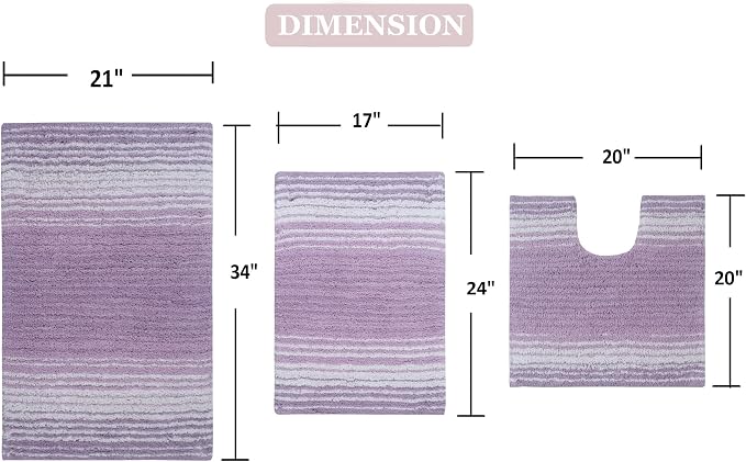 Home Weavers 100% Cotton Gradiation Collection Bathroom Décor | Washable Rug | Bathroom Mat | Kitchen Mat | Bathroom Rug Set | Bath Mat Set | Bath Floor Mat Non Slip, 3 Piece Set with Contour, Purple