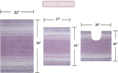 Home Weavers 100% Cotton Gradiation Collection Bathroom Décor | Washable Rug | Bathroom Mat | Kitchen Mat | Bathroom Rug Set | Bath Mat Set | Bath Floor Mat Non Slip, 3 Piece Set with Contour, Purple