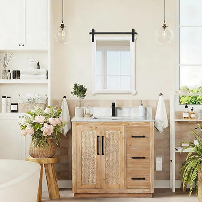 Besdomus Farmhouse Bathroom Wall Mirror: 22"x30" White Barn Door Solid Cedar Wood Frame Vanity Mirror - Rustic Home Decor for Bathroom/Living Room/Hallway - Modern Farmhouse Decor for Housewife