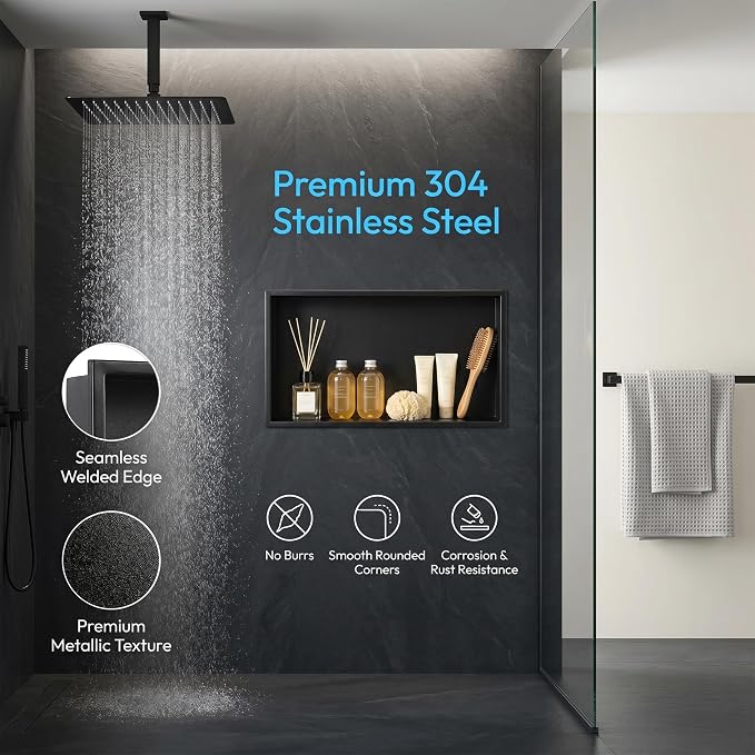 304 Stainless Steel Shower Niche 24" x 12" for Bathroom Storage | Waterproof Matte Black Recessed Shower Niche No Tile Needed
