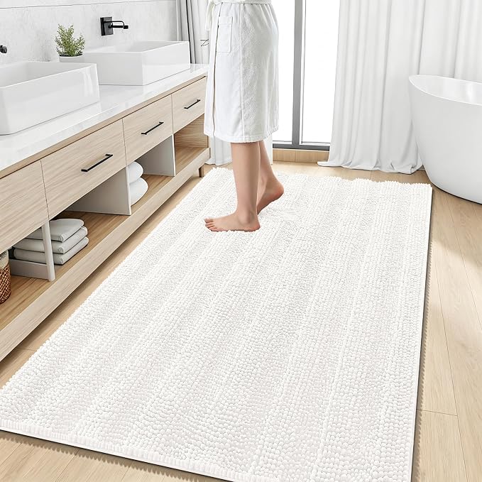 Smiry Thick Chenille Large Bathroom Runner Rugs 50x30, Soft Bath Mat, Ivory | Quick‑Dry & Machine Washable, Non‑Slip Bath Carpet, Striped Bath Rugs for Tub & Shower, Modern Home Decor Accessories