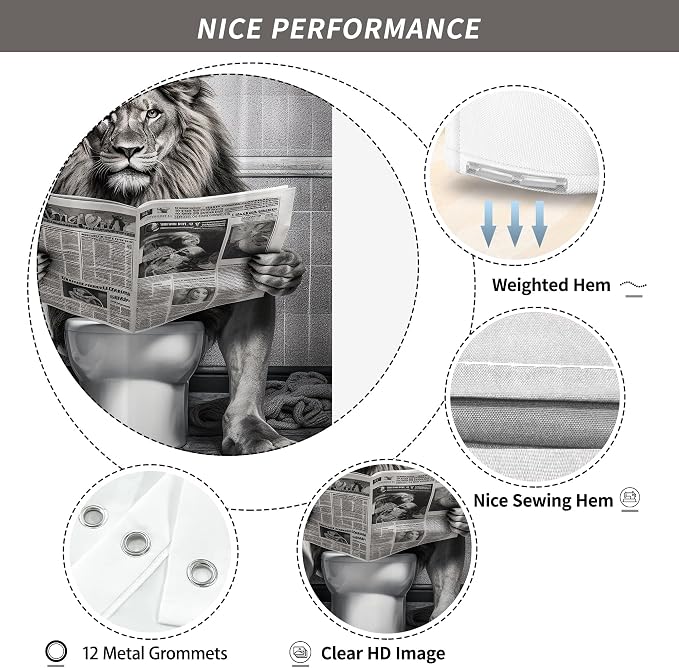 Farmhouse Funny Lion Mens Shower Curtain for Bathroom 72W*72H Inch Black and White Humor Animal Reading on Toilet Bathtub Decor Western Country Animal Waterproof Polyester Fabric Set with 12 Hooks