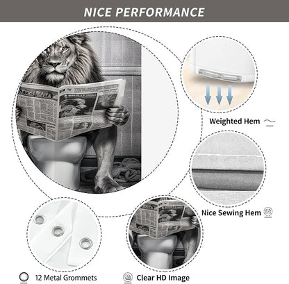 Farmhouse Funny Lion Mens Shower Curtain for Bathroom 72W*72H Inch Black and White Humor Animal Reading on Toilet Bathtub Decor Western Country Animal Waterproof Polyester Fabric Set with 12 Hooks
