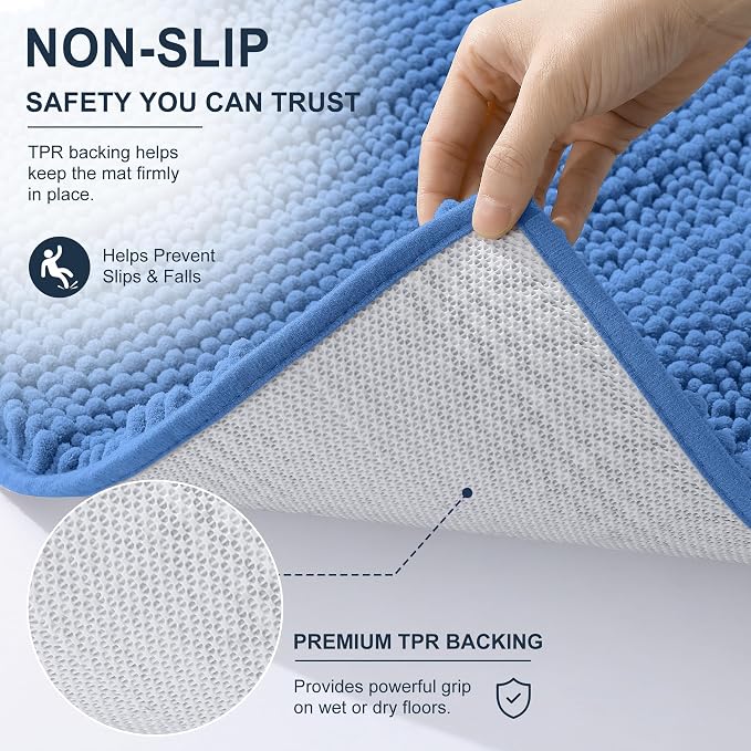 Smiry Thick Chenille Bathroom Runner Rugs 47x24, Bath Mat, Cornflower Blue | Quick‑Dry & Machine Washable, Non‑Slip Bath Carpet, Soft Striped Bath Rugs for Tub & Shower, Modern Home Decor Accessories