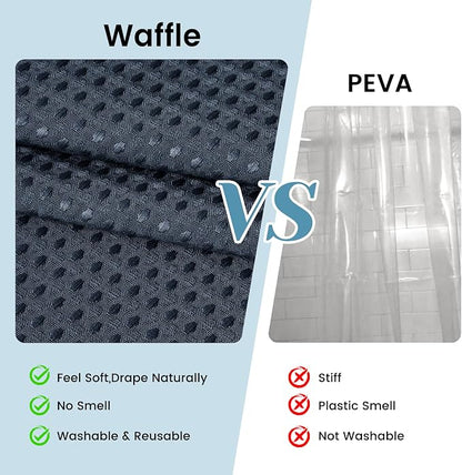 SORTTO No Hook Shower Curtain with Snap in Liner Set Waffle Shower Curtain for Bathroom Hotel Style Fabric Waterproof Inner Liner，71" W x 80" H, Navy Blue
