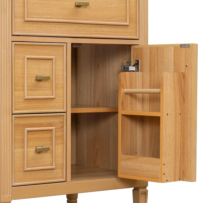 24" Modern Bathroom Vanity with Ceramic Sink, Solid Wood Frame Freestanding Storage Cabinet w/2 Drawers & Tilt-Out Drawer, Door Rack & Adjustable Shelf, Golden Metal Handles, Wood