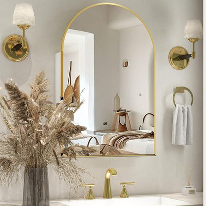 Gold Medicine Cabinet with Mirror,Bathroom Arched Medicine Cabinet Wall Mounted,Modern Vanity Mirror with Storage,Bathroom Storage Cabinet with Adjustable Shelves,Not Recessed,24x36 Inch