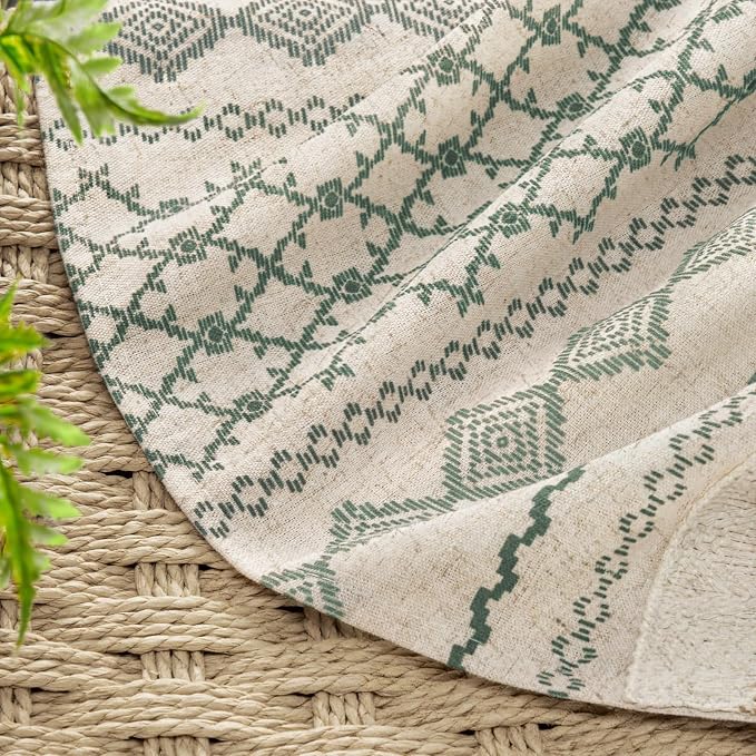 Dark Green Boho Shower Curtain for Bathroom, Linen Striped Print and Twine-Inspired Woven Center,72" W x 72" L