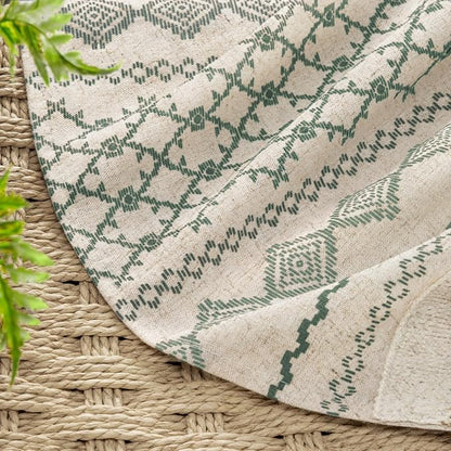 Dark Green Boho Shower Curtain for Bathroom, Linen Striped Print and Twine-Inspired Woven Center,72" W x 72" L
