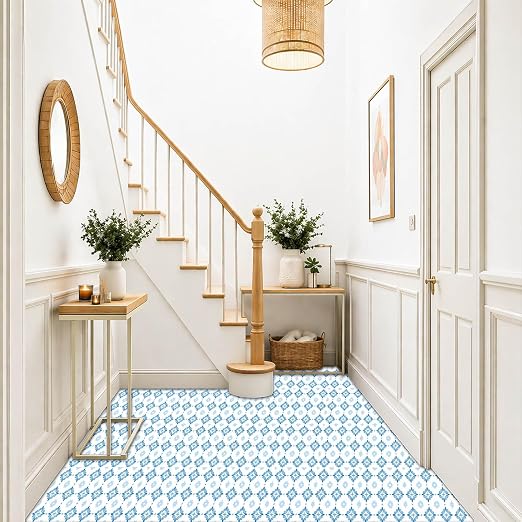 Blue White Floral Geometric Peel and Stick Floor Tiles 12x12 Inch 10PCS | Blue white floral geometric tile pattern vinyl floor stickers for kitchen bathroom entryway and indoor home decor