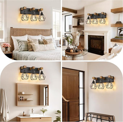 VbiTmn Bathroom Light Fixtures,3 Light Black Farmhouse Wood Vanity Lights | Rustic Design, Diamond Metal Shades, Easy to Install, Wall Sconces for Bathroom, Bedroom, Makeup Area, Over Vanity Mirror