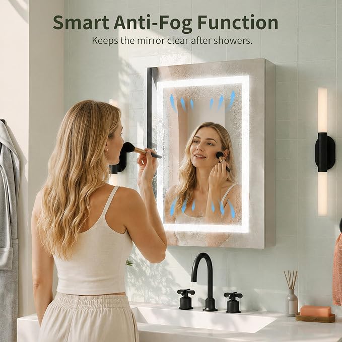 DeerValley LED Lighted Bathroom Medicine Cabinet with Mirror, 20''x28'' | Wall Mounted Mirror Cabinet with Socket, Dimmable Light, Anti-Fog, Adjustable Shelf, DV-1MC0498