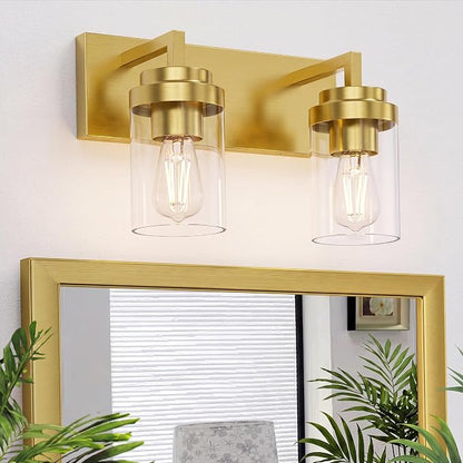 Bathroom Vanity Fixtures, 2 Light Matte Gold Vanity Light with Clear Glass Shade, 15in Farmhouse wall Light, Lighting Fixture Over Mirror for Bathroom