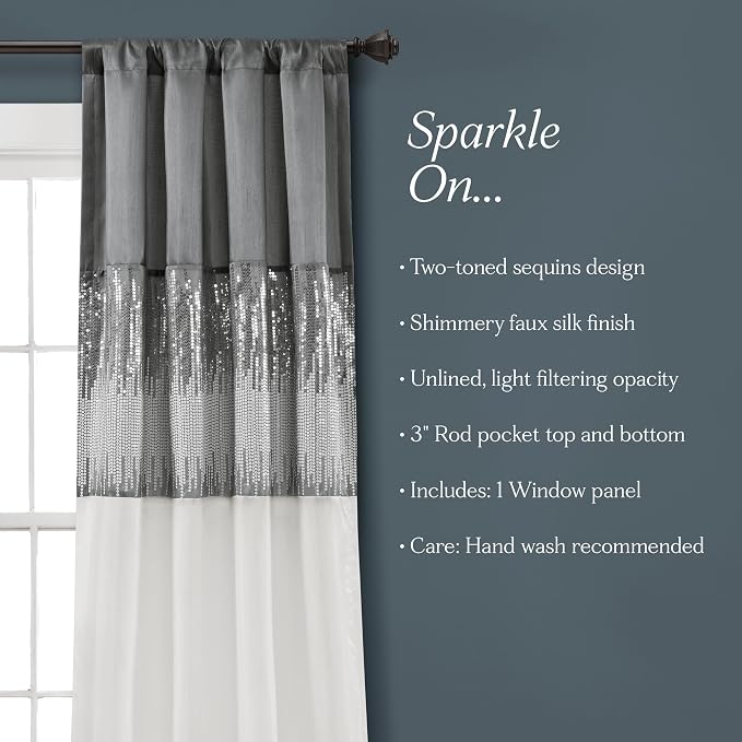 Lush Decor Night Sky Window Curtain Panel, Single 42"W x 95"L Gray & White - Sequin Backdrop Curtain - Room Darkening Curtains For Bedroom - Glam Decor