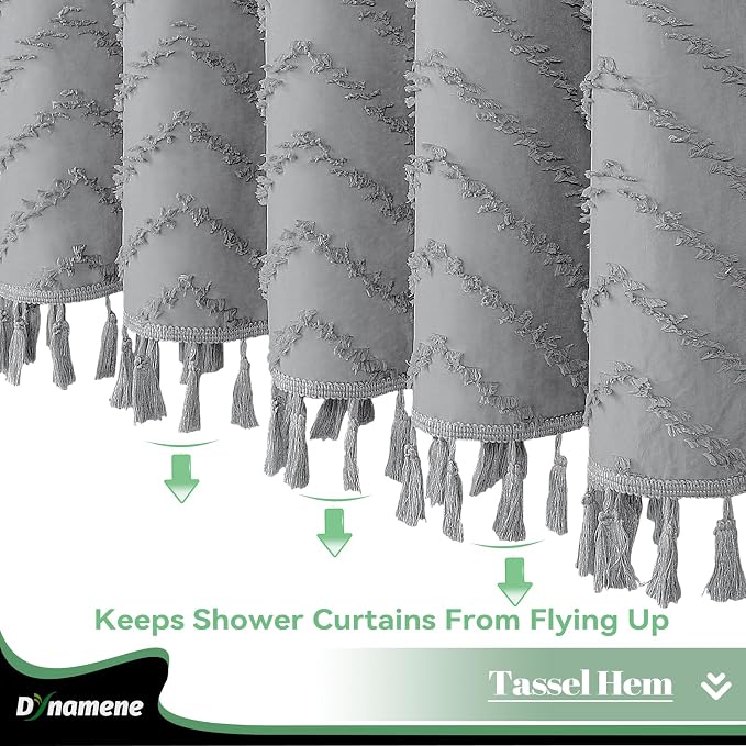 Extra Long Boho Shower Curtain Tufted Chevron 72"x96" Grey | 96 Inch Tall, Elegant Tassel, Lightweight Textured Fabric, Water Repellent, Washable, Hotel Spa, for Bathroom/Dorm 12 Hooks