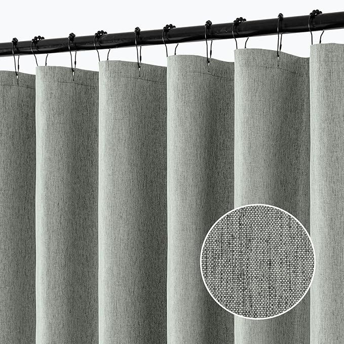 ANRODUO Grey Linen Textured Fabric Shower Curtain Set - W70xL72 | Farmhouse Shower Curtain with 12 Metal Hooks, Waterproof Heavy Duty, Button Hole Design, Machine Washable for Bathroom