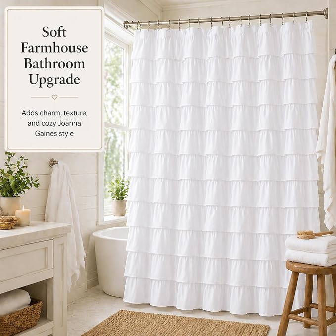 White Ruffle Shower Curtain for Bathroom, 72X84, Layered Ruffles Texture | Vintage Chic Farmhouse Style, 72 x 84 Inch, Soft Microfiber, 12 Hook Includ, Machine Washable Fabric, Affordable Luxury Feel