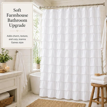 White Ruffle Shower Curtain for Bathroom, 72X84, Layered Ruffles Texture | Vintage Chic Farmhouse Style, 72 x 84 Inch, Soft Microfiber, 12 Hook Includ, Machine Washable Fabric, Affordable Luxury Feel