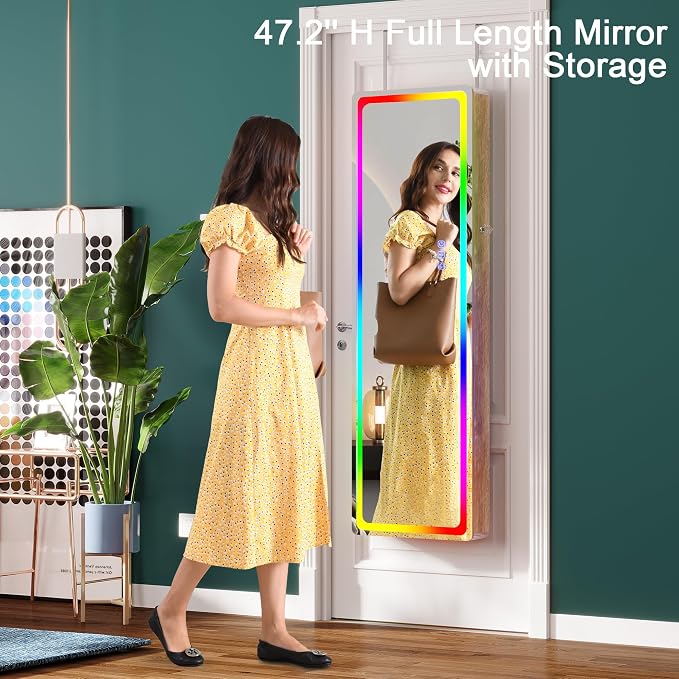 HNEBC Over the Door Jewelry Organizer with LED RGB Lights, 47.2" Full Length Mirror with Storage, Wall Mounted Jewelry Armoire, Hanging Mirror with 2 Drawers,Lokable,3 Shelves-Wood