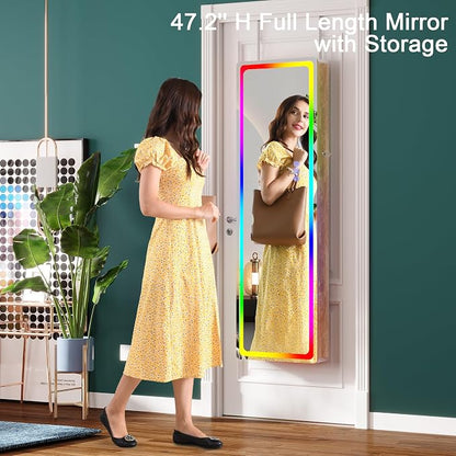 HNEBC Over the Door Jewelry Organizer with LED RGB Lights, 47.2" Full Length Mirror with Storage, Wall Mounted Jewelry Armoire, Hanging Mirror with 2 Drawers,Lokable,3 Shelves-Wood