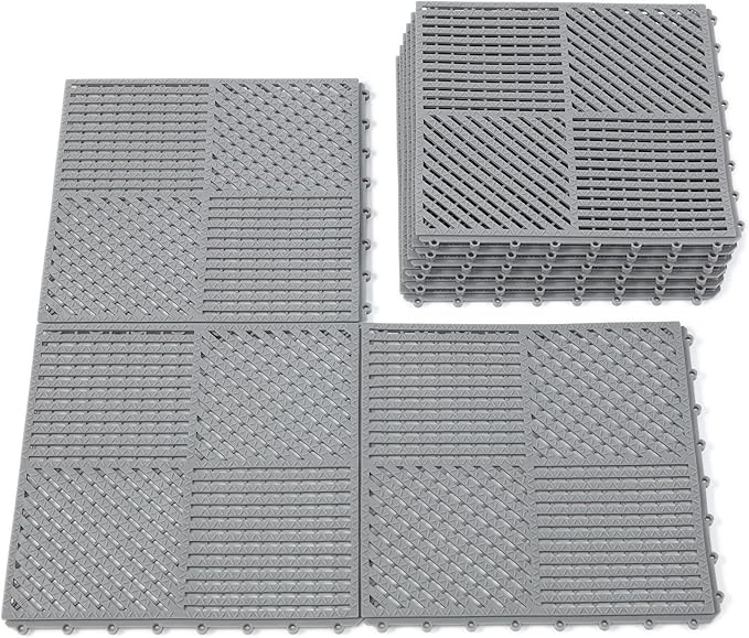 9 Pack Interlocking Drainage Tiles Double Non-Slip Tiles Mat with Drain Holes for Pool, Bathroom, Shower, Pantry, Patio, Boat, Pet Area, 12" L×12" W×0.4" Th Gray