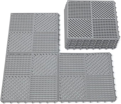 9 Pack Interlocking Drainage Tiles Double Non-Slip Tiles Mat with Drain Holes for Pool, Bathroom, Shower, Pantry, Patio, Boat, Pet Area, 12" L×12" W×0.4" Th Gray